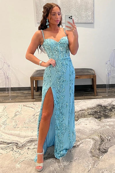 Aqua Blue Applique Queen Anne Long Formal Dress with Slit VK23101109