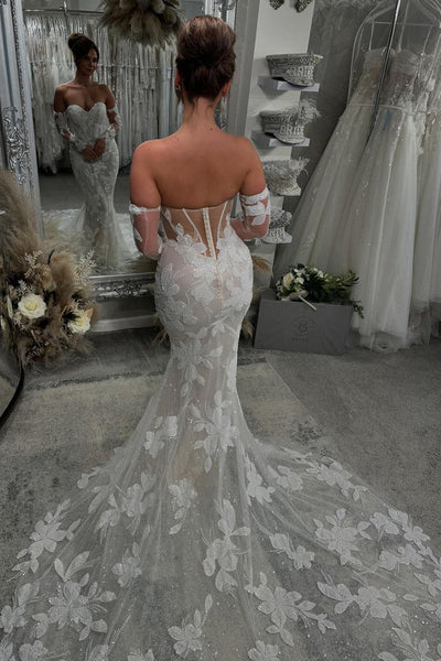 Fairy Mermaid V Neck Lace Tulle Long Wedding Dresses with Long Sleeves