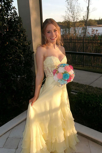 Cute A-Line Sweetheart Yellow Ruffles Tiered Chiffon Long Prom Dresses VK26011206