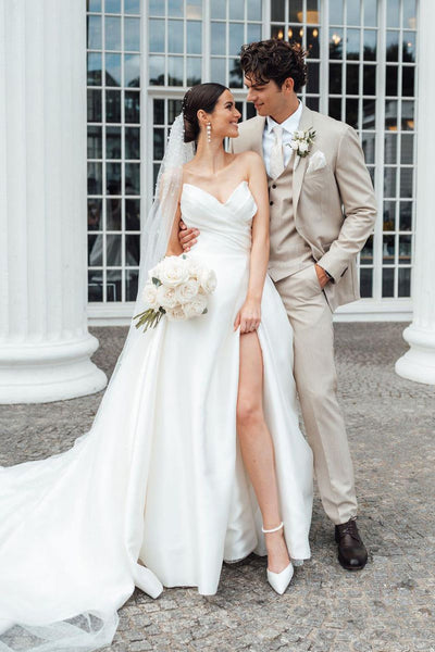 Elegant A-Line Strapless White Satin Wedding Dresses VK23091301