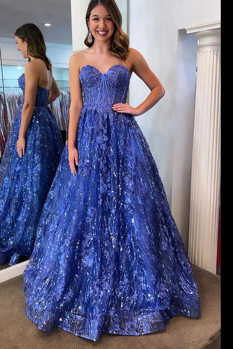 Sweetheart Blue Sequin Lace Corest Long Prom Dresses VK23111903