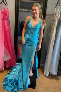 Blue Mermaid Satin V Neck Long Prom Dress with Slit VK23120908