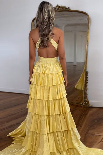 Halter Sparkly Yellow Ruffle Tiered A-Line Long Prom Dress with Slit VK022504