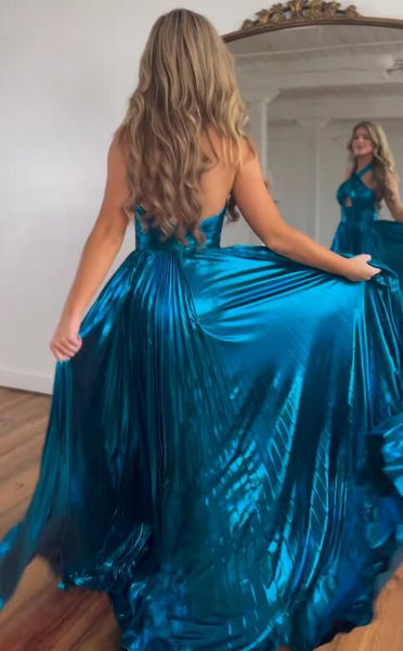 Charming A Line Halter Metallic Satin Pleat Prom Dress with Slit VK020204