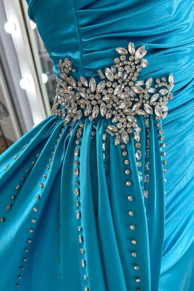 Teal Blue Beaded Spaghetti Strap Long Gown with Attached Train VK24011305