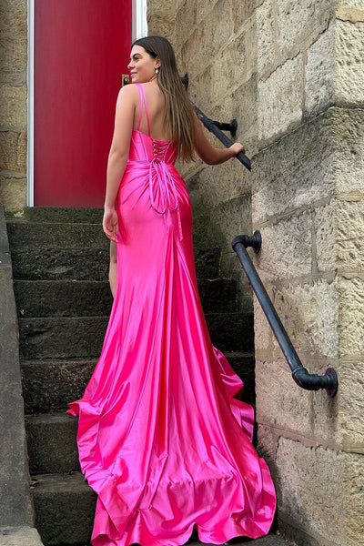 Fuchsia V Neck Mermaid Long Prom Dresses with Slit VK24012501