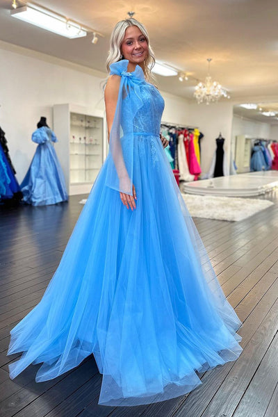 Light Blue One Shoulder Tulle Long Prom Dresses with Lace Appliques VK24011905