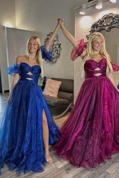 Fairy A Line Sweetheart Royal Blue Organza Slit Prom Dresses with Beading VK112114