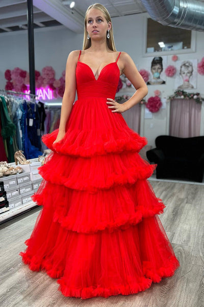 Red Tulle V-Neck Tiered Long Gown with Ruffles VK23092410