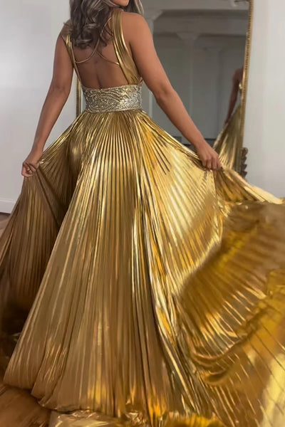 Glitter Golden A-Line Beaded Metallic Long Prom Dress with Slit VK23122005