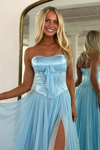 A Line Strapless Light Blue Chiffon Long Prom Dress with Slit VK22804