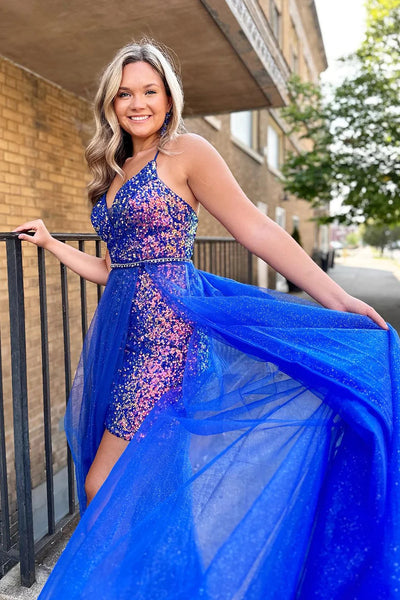 Sparkly Blue Detachable Train Sequins Tight Short Homecoming Dress VK23082105