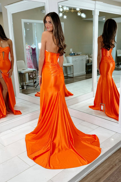 Mermaid Sweetheart Orange Satin Corset Long Prom Dresses with Slit VK26012807