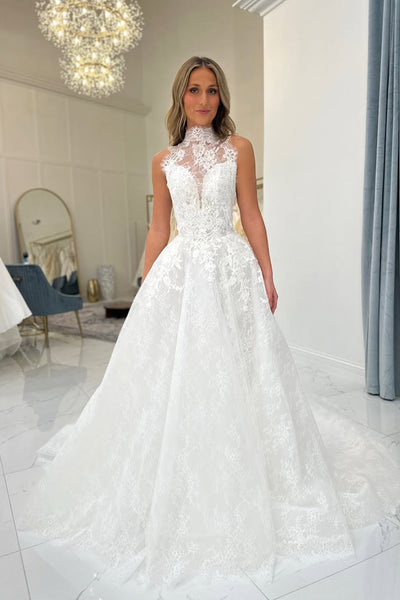 Charming A-Line High Neck Tulle Lace Wedding Dresses VK26022803