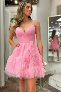 Unique A Line Spaghetti Straps Pink Short Homecoming Dress with Ruffles VK23083105