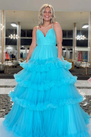 Blue A-Line Tiered Long Tulle Prom Dress with Ruffles VK23082608