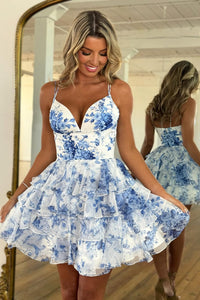 A Line V Neck Floral Satin Short Homecoming Dresses VK062104