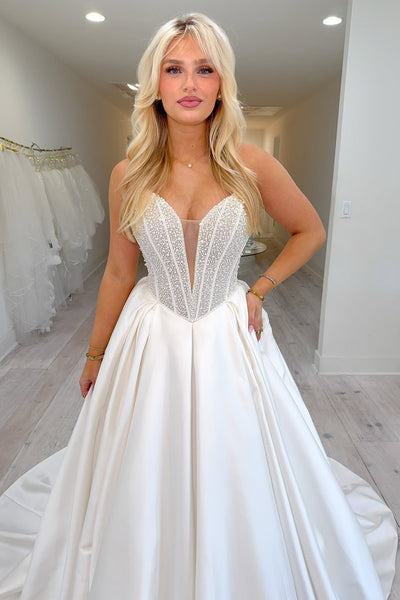 Charming A-Line Sweetheart White Satin Pearls Corset Wedding Dresses with Beadings VK25102807