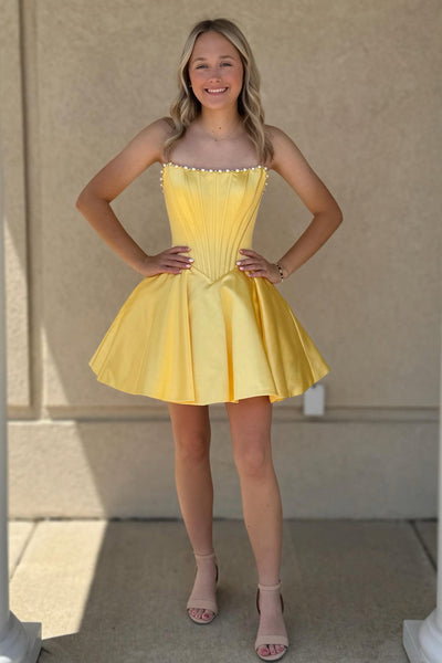 A Line Strapless Yellow Satin Homecoming Dress with Pearls VK26072014