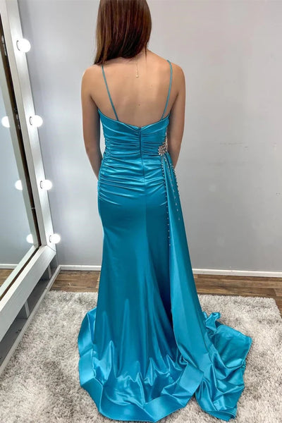 Teal Blue Beaded Spaghetti Strap Long Gown with Attached Train VK24011305