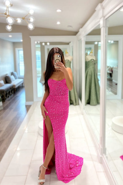 Exquisite Mermaid Sweetheart Fuchsia Satin Beads Long Prom Dress with Slit VK26022306