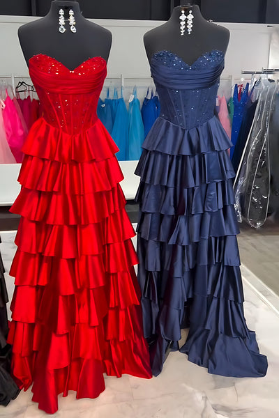 A-Line Strapless Navy Blue Ruffle Tiered Satin Long Prom Dress with Beads VK26010502
