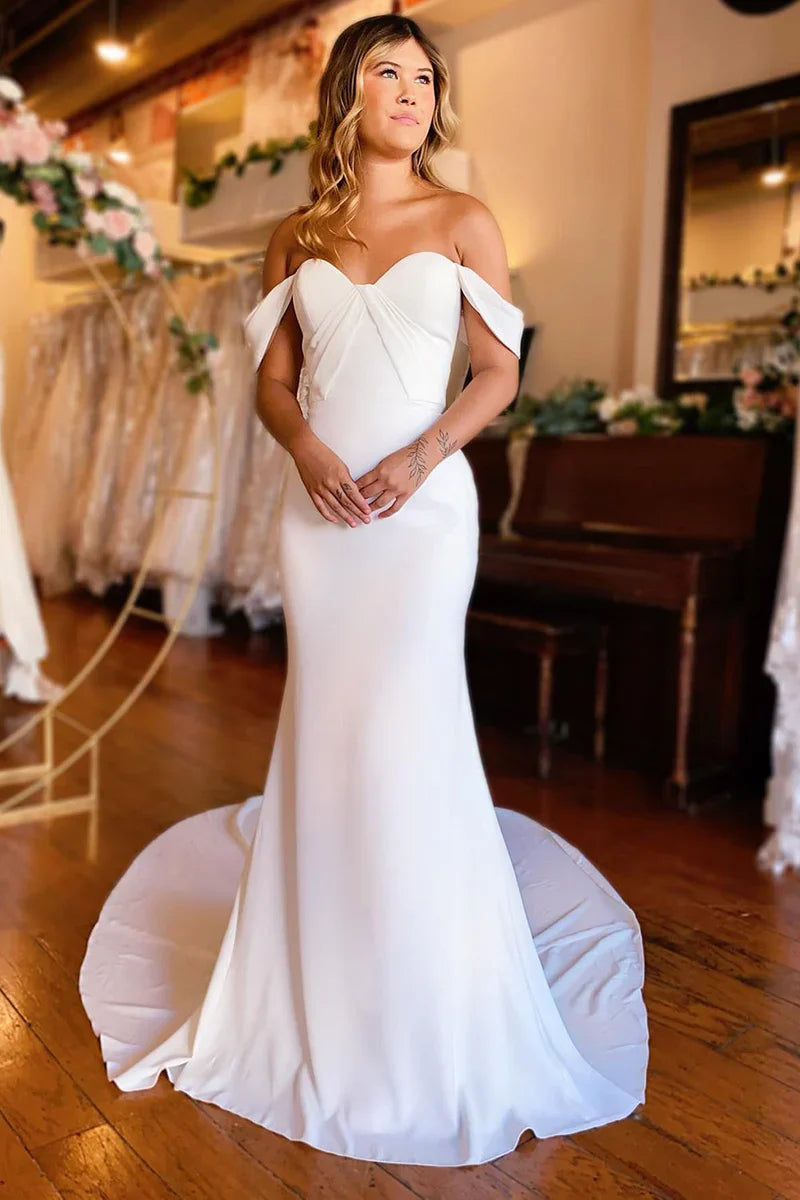 Elegant Simple Mermaid Off the Shoulder Satin Wedding Dresses VK24102105