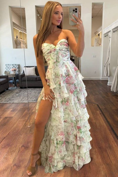 A-Line Strapless Floral Printed Empire-Waist Tiered Long Prom Dresses with Slit VK26011107