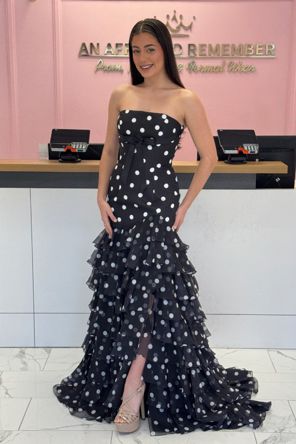 Cute Mermaid Strapless Black White Dot Long Prom Dresses with Ruffle Slit VK25111904
