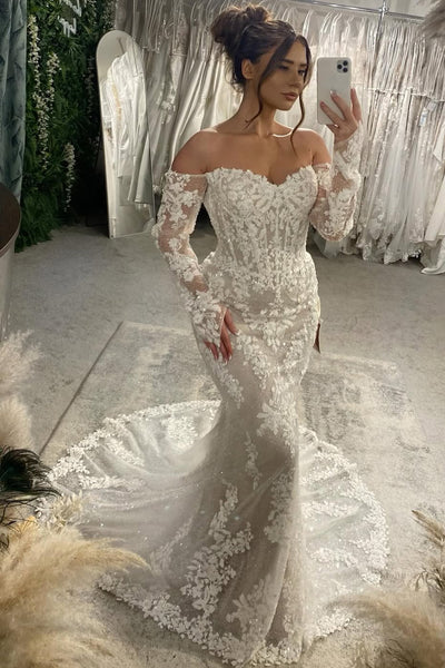 Gorgeous Mermaid Off the Shoulder Long Sleeves Tulle Appliques Wedding Dresses VK26022301