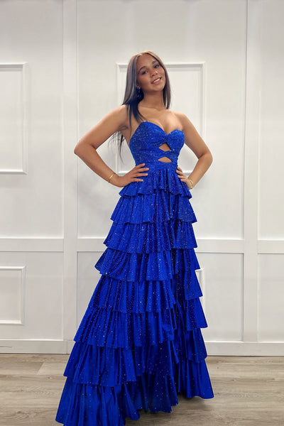 Cute A Line Sweetheart Keyhole Hot Fix Satin Tiered Prom Dress VK16020310