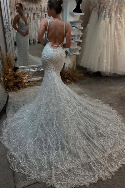 Gorgeous Mermaid V Neck Sequins Lace Long Wedding Dress VK25060705