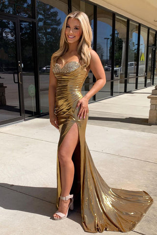 Sexy Mermaid Strapless Gold Satin Long Prom Dresses with Slit VK24033003