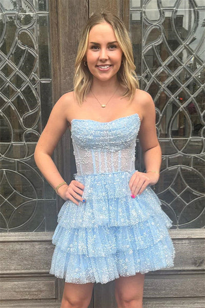 Light Blue Strapless A-line Multi-Layers Beaded Homecoming Dress VK23081406