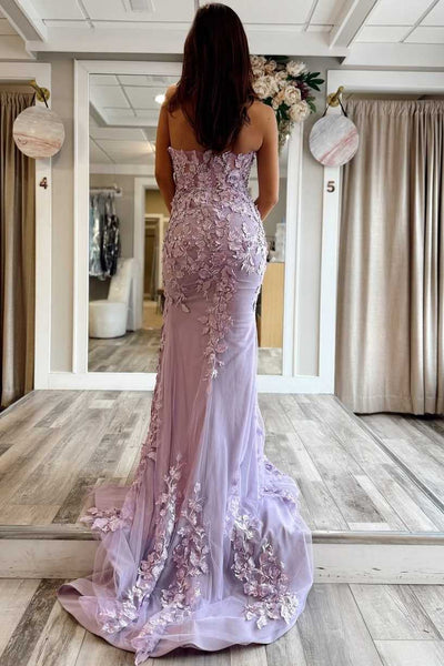 Stunning Mermaid Strapless Sweetheart Lilac Lace Appliques Long Prom Dresses with Slit VK26012402