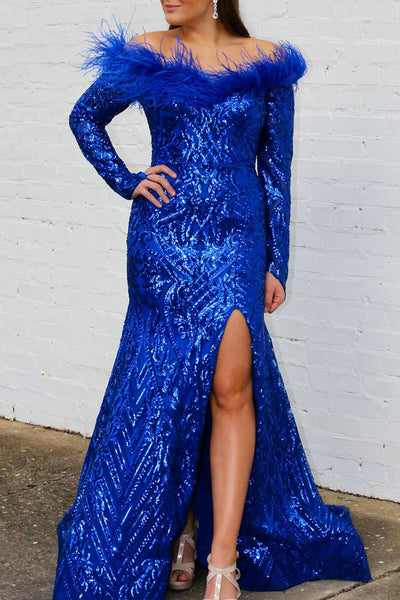 Royal Blue Sequin Off the Shoulder Long Sleeves Prom Dresses VK23121403