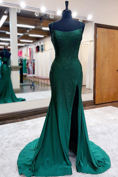 Mermaid Spaghettti Straps Black Long Prom Dress with Split Front VK23101604