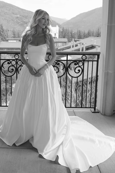 A-Line Strapless White Satin Wedding Dresses VK26082202