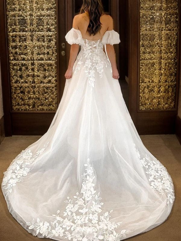 Princess A-Line Off the Shoulder White Tulle Appliques Wedding Dresses VK25102001