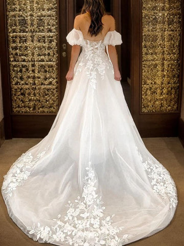 Princess A-Line Off the Shoulder White Tulle Appliques Wedding Dresses VK25102001