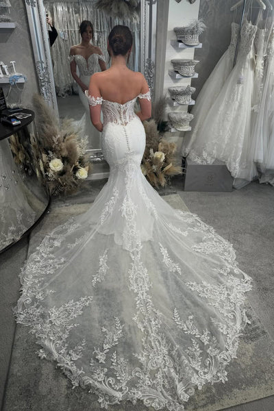 Gorgeous Off the Shoulder Mermaid Sequins Lace Wedding Dress with Appliques VK022810