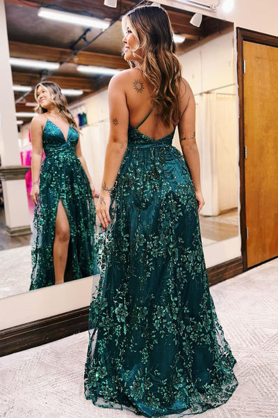 Dark Green Sequin Lace V Neck Long Prom Dress with Slit VK24010403