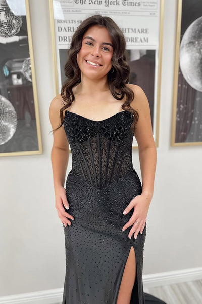 Glitter Mermaid Scoop Neck Hot Fix Satin Prom Dress with Slit VK011507