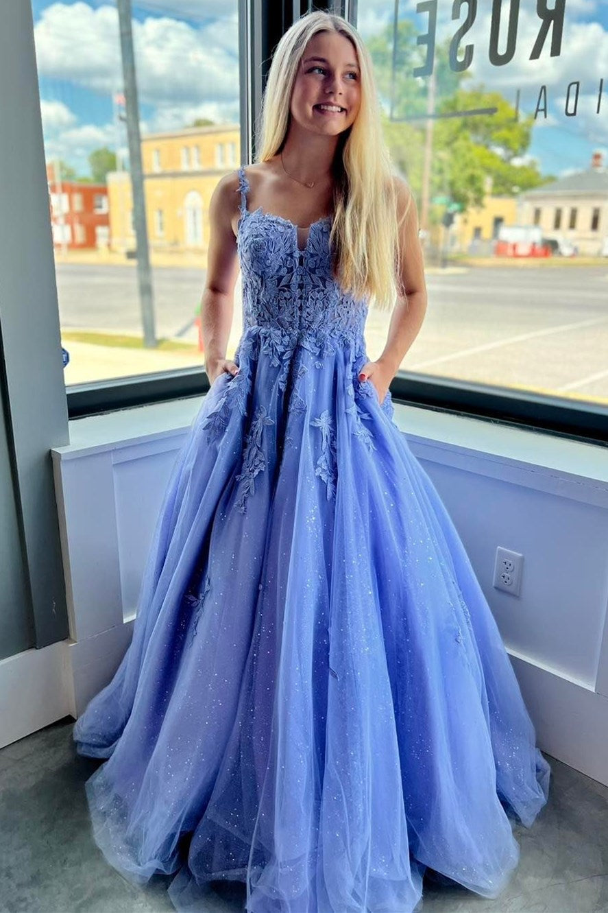 Periwinkle Tulle Appliques Lace Up A Line Long Prom Dress VK23102604 Vickidress