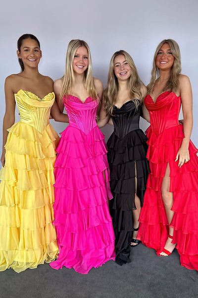 A-Line Strapless Ruffle Tiered Long Prom Dresses with Slit VK25031602