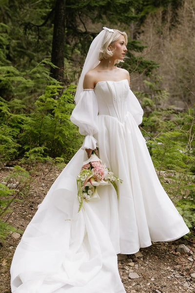 Charming A-Line Strapless White Satin Organza Wedding Dresses with Long Sleeves VK25102002