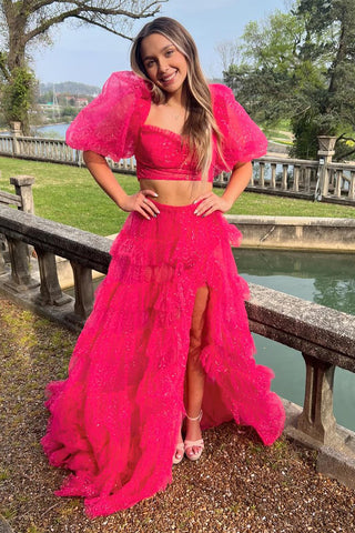 Fuchsia Two Piece Sweetehart Sparkly Tulle Long Prom Dresses with Slit VK24050904