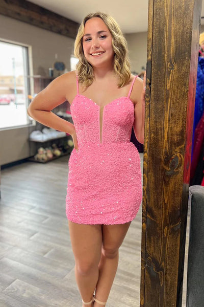 Sparkly Pink Sequins Corset Tight Short Homecoming Dress VK23082803
