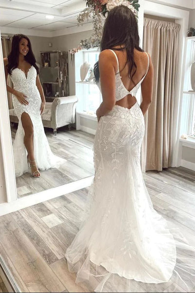 Cute Mermaid V Neck White Lace Long Prom Dresses with Slit VK23061204