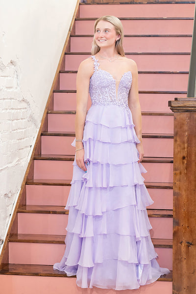 Cute A-Line One Shoulder Lilac Layer Ruffle Long Prom Dresses with Appliques VK26011210